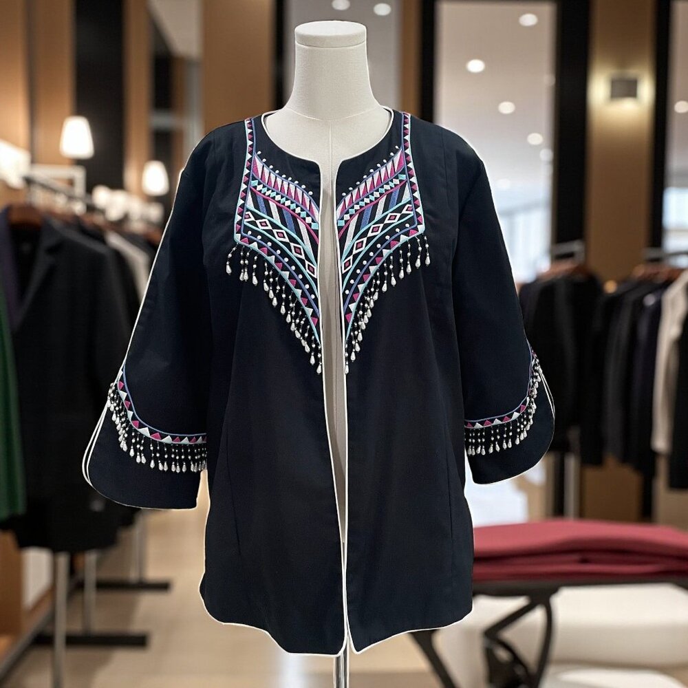 Bob Mackie‎ Wearable Art Embroidered Beaded Jacket Black XL Boho Festival Chic